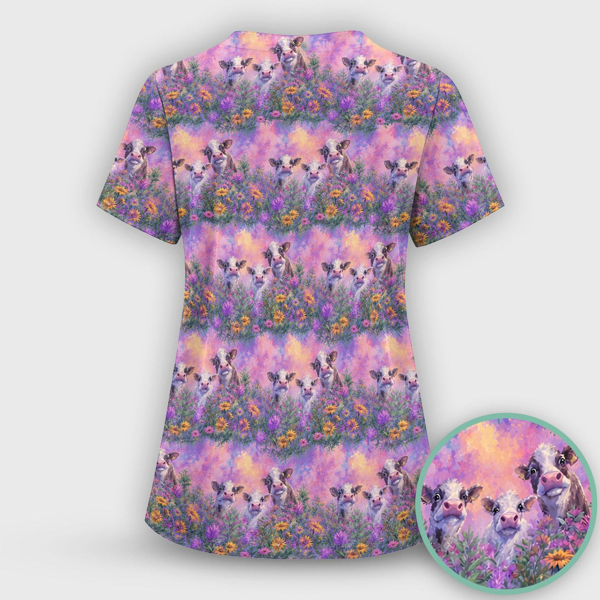 Pastel Cow Meadow Flower Pattern Scrub Top, Comfortable Scrubs for Nurses