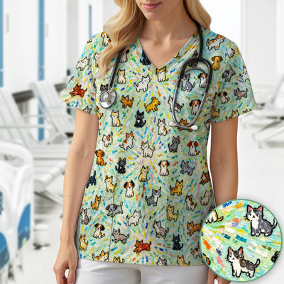 Colorful Cats Dogs Doodle Pattern Scrub Top, Comfortable Scrubs for Nurses