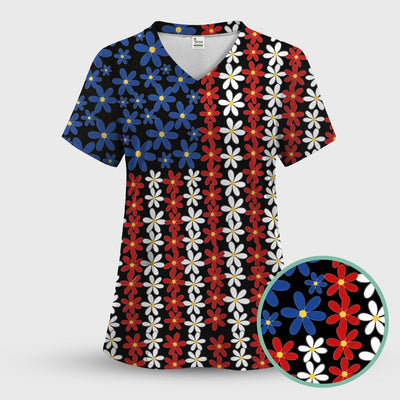 Retro Red Blue Daisy Stripe Pattern Scrub Top, Comfortable Scrubs for Nurses