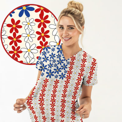 Retro Red Blue Daisy Stripe Pattern Scrub Top, Comfortable Scrubs for Nurses