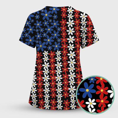 Retro Red Blue Daisy Stripe Pattern Scrub Top, Comfortable Scrubs for Nurses