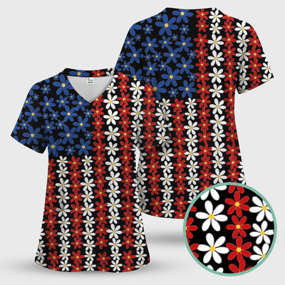 Retro Red Blue Daisy Stripe Pattern Scrub Top, Comfortable Scrubs for Nurses