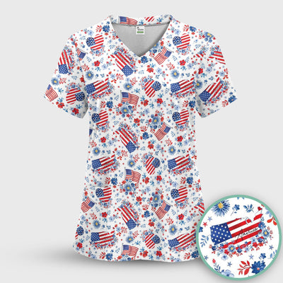 Festive American Flag Heart Floral Pattern Scrub Top, Comfortable Scrubs for Nurses