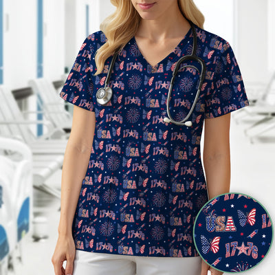 USA Fireworks Butterfly Pattern Scrub Top, Comfortable Scrubs for Nurses