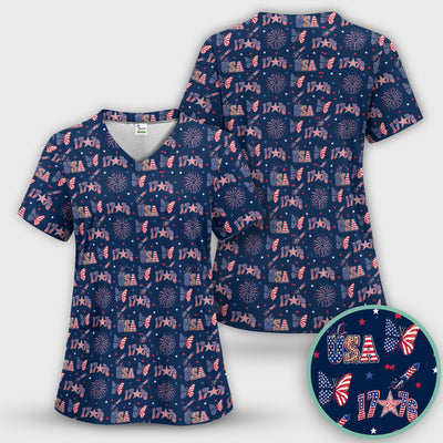 USA Fireworks Butterfly Pattern Scrub Top, Comfortable Scrubs for Nurses