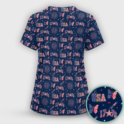 USA Fireworks Butterfly Pattern Scrub Top, Comfortable Scrubs for Nurses