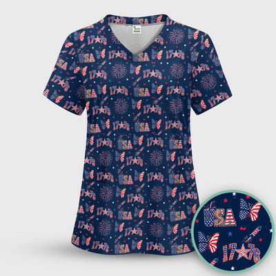 USA Fireworks Butterfly Pattern Scrub Top, Comfortable Scrubs for Nurses