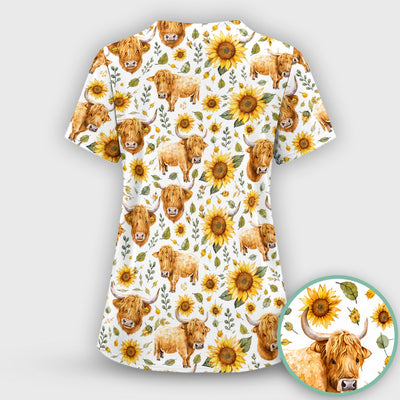 Highland Cow Sunflower Pattern Scrub Top, Comfortable Scrubs for Nurses