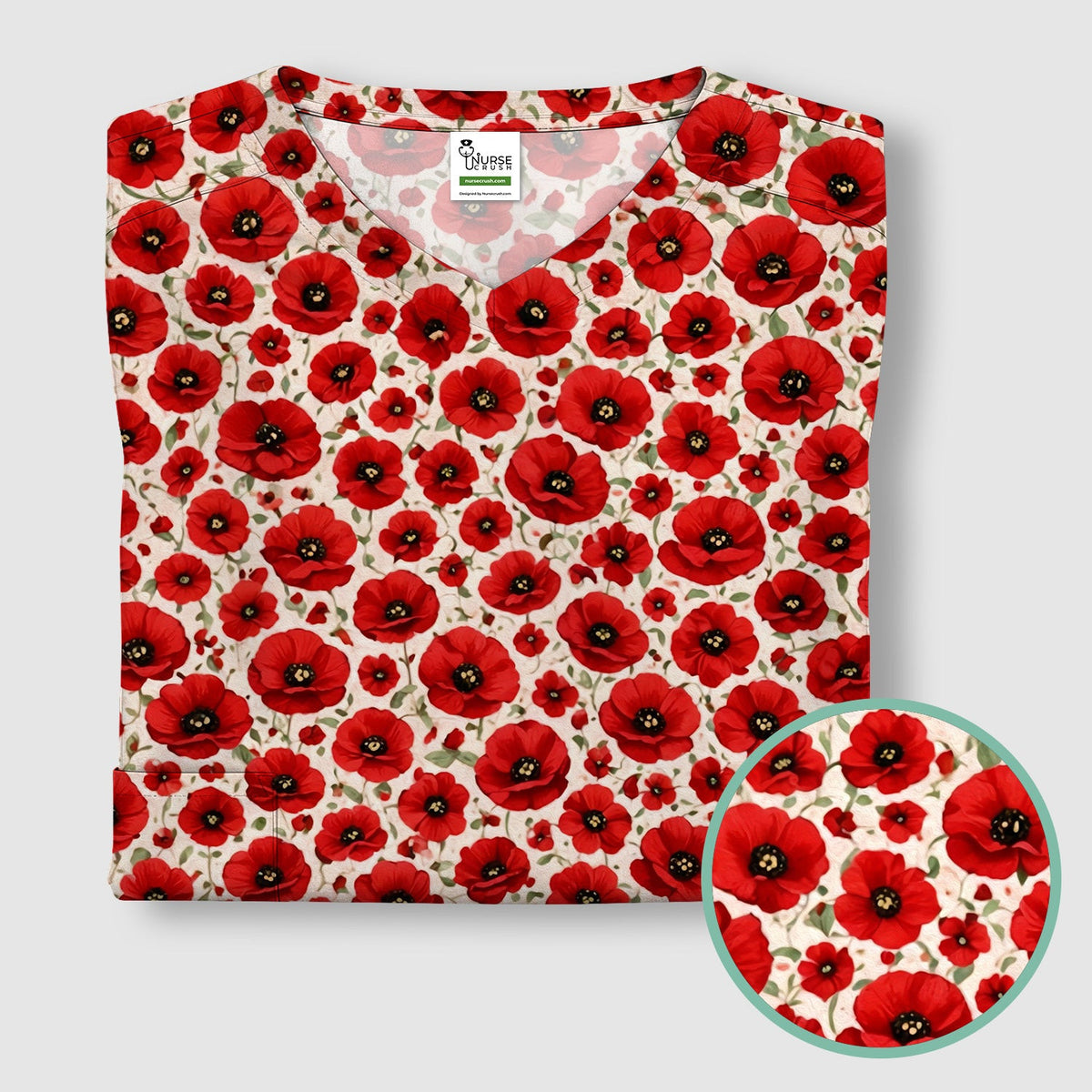 Pretty Red Poppy Flower Garden Pattern Scrub Top, Comfortable Scrubs for Nurses