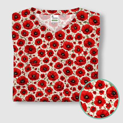 Pretty Red Poppy Flower Garden Pattern Scrub Top, Comfortable Scrubs for Nurses