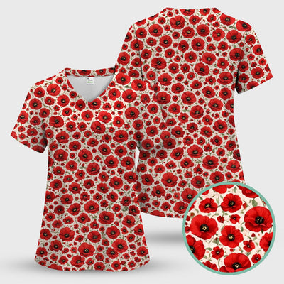 Pretty Red Poppy Flower Garden Pattern Scrub Top, Comfortable Scrubs for Nurses