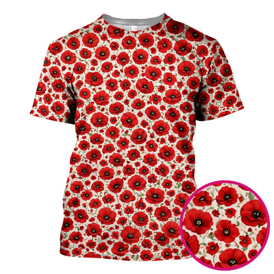 Pretty Red Poppy Flower Garden Pattern Scrub Top, Comfortable Scrubs for Nurses