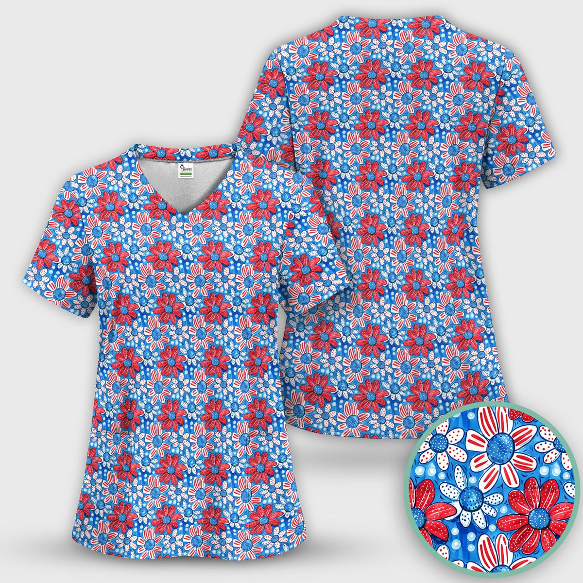 Cute Patriotic Daisy Blossom Repeat Pattern Scrub Top, Comfortable Scrubs for Nurses