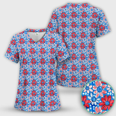 Cute Patriotic Daisy Blossom Repeat Pattern Scrub Top, Comfortable Scrubs for Nurses