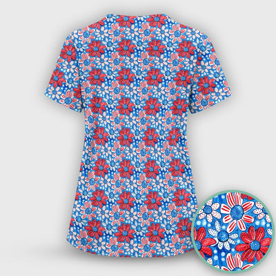 Cute Patriotic Daisy Blossom Repeat Pattern Scrub Top, Comfortable Scrubs for Nurses