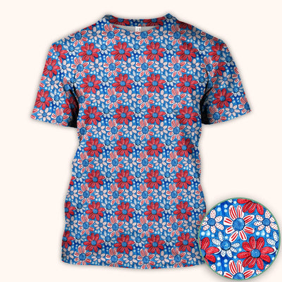 Cute Patriotic Daisy Blossom Repeat Pattern Scrub Top, Comfortable Scrubs for Nurses