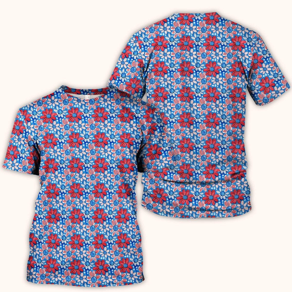 Cute Patriotic Daisy Blossom Repeat Pattern Scrub Top, Comfortable Scrubs for Nurses
