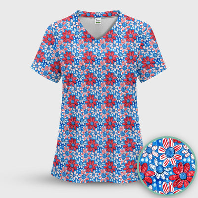 Cute Patriotic Daisy Blossom Repeat Pattern Scrub Top, Comfortable Scrubs for Nurses