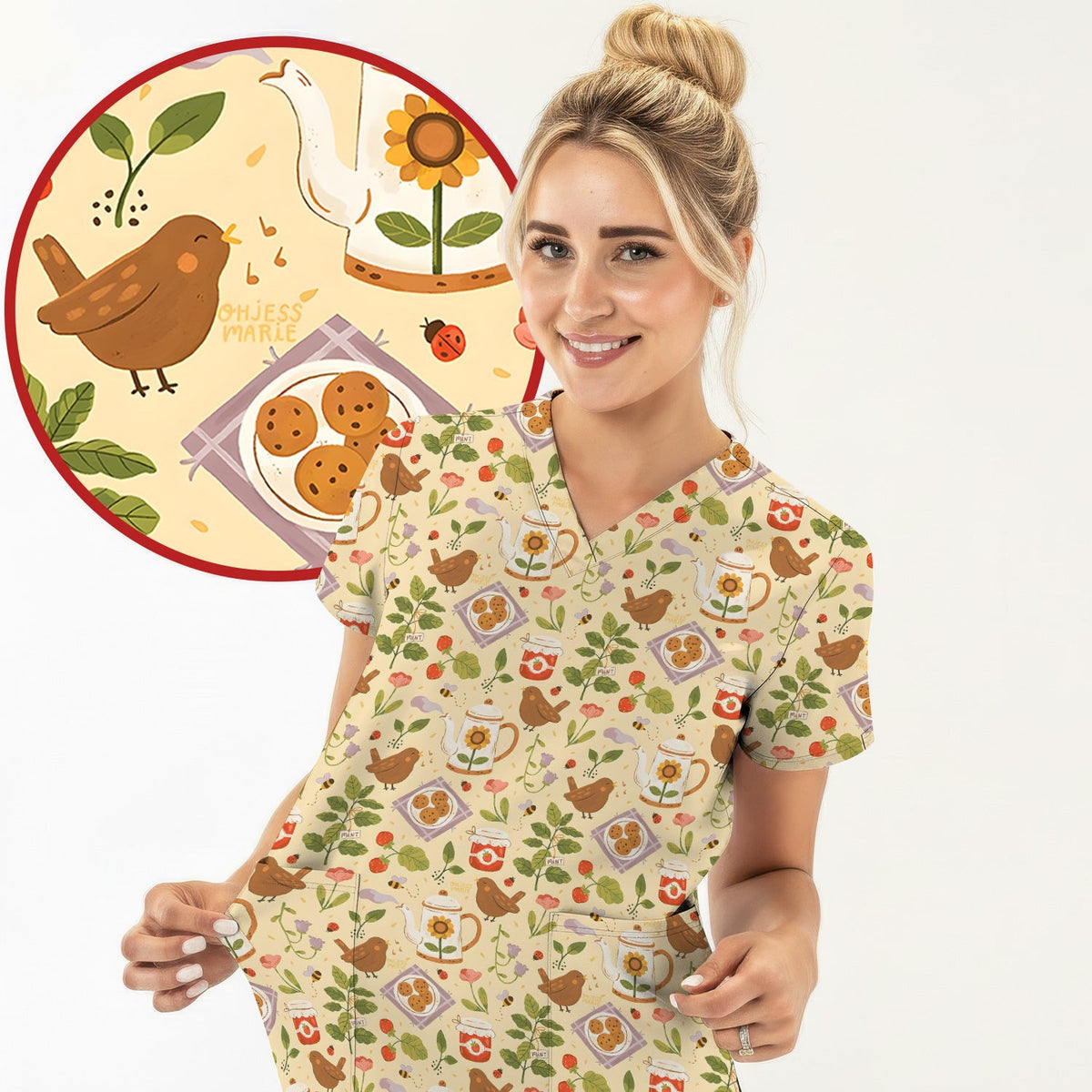 Cute Garden Tea Bird Strawberry Pattern Scrub Top, Comfortable Scrubs for Nurses