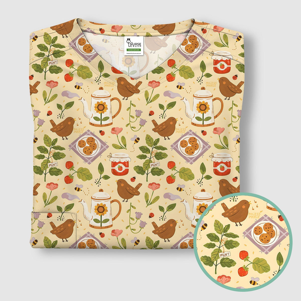 Cute Garden Tea Bird Strawberry Pattern Scrub Top, Comfortable Scrubs for Nurses