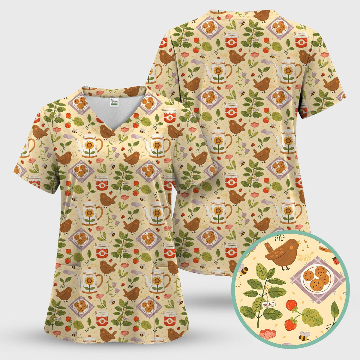 Cute Garden Tea Bird Strawberry Pattern Scrub Top, Comfortable Scrubs for Nurses