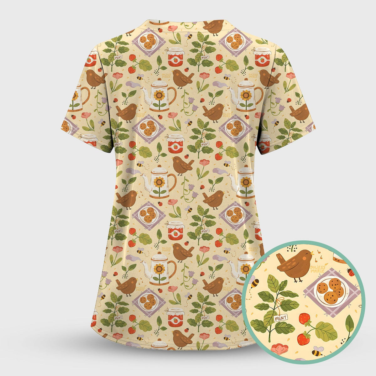 Cute Garden Tea Bird Strawberry Pattern Scrub Top, Comfortable Scrubs for Nurses