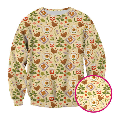 Cute Garden Tea Bird Strawberry Pattern Scrub Top, Comfortable Scrubs for Nurses