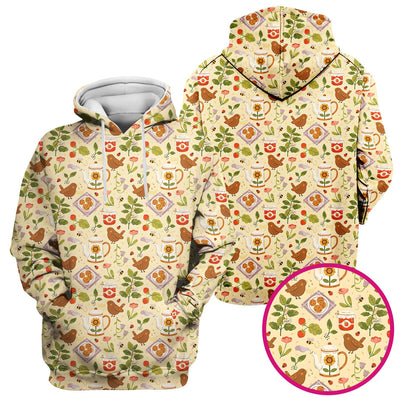 Cute Garden Tea Bird Strawberry Pattern Scrub Top, Comfortable Scrubs for Nurses