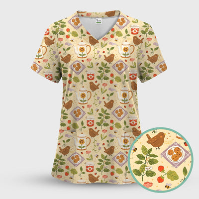 Cute Garden Tea Bird Strawberry Pattern Scrub Top, Comfortable Scrubs for Nurses