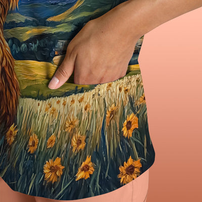 Artistic Highland Cow Starry Night Scene Pattern Scrub Top, Comfortable Scrubs for Nurses