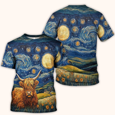 Artistic Highland Cow Starry Night Scene Pattern Scrub Top, Comfortable Scrubs for Nurses