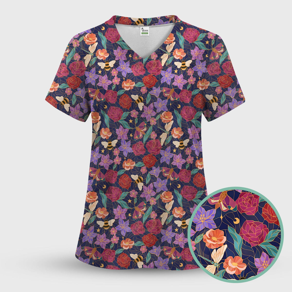 Charming Floral Garden With Bees And Dragonflies Scrub Top, Comfortable Scrubs for Nurses