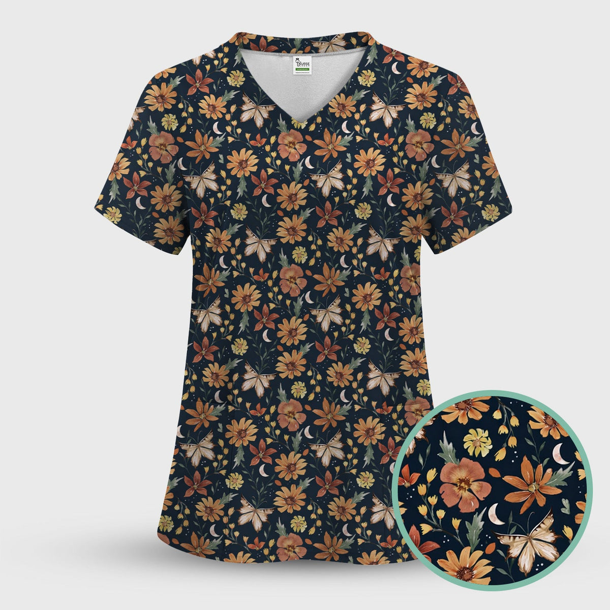 Charming Autumn Floral Butterfly Moon Pattern Scrub Top, Breathable Fabrics Nursing Uniform