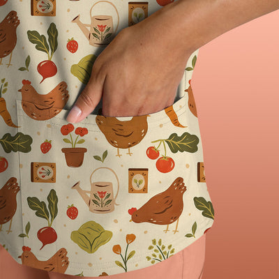 Rustic Farm Chicken Garden Vegetable Pattern Scrub Top, Comfortable Scrubs for Nurses