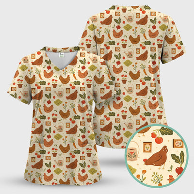 Rustic Farm Chicken Garden Vegetable Pattern Scrub Top, Comfortable Scrubs for Nurses