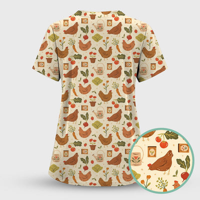 Rustic Farm Chicken Garden Vegetable Pattern Scrub Top, Comfortable Scrubs for Nurses