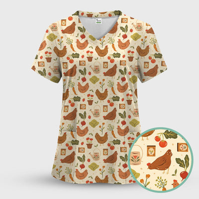 Rustic Farm Chicken Garden Vegetable Pattern Scrub Top, Comfortable Scrubs for Nurses