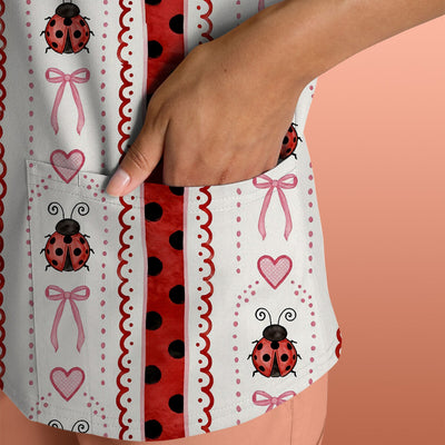 Cute Ladybug Heart Bow Stripe Pattern Scrub Top, Red Polka Dot Nurse Uniform