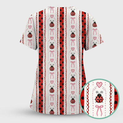 Cute Ladybug Heart Bow Stripe Pattern Scrub Top, Red Polka Dot Nurse Uniform