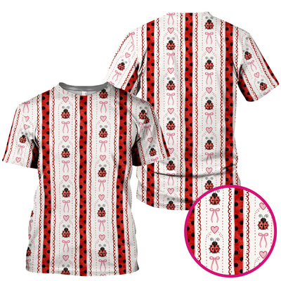 Cute Ladybug Heart Bow Stripe Pattern Scrub Top, Red Polka Dot Nurse Uniform