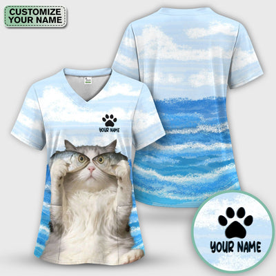 Personalized Cat Holding Fish Pattern Nurse Scrub Top, Comfortable Scrubs for Nurses
