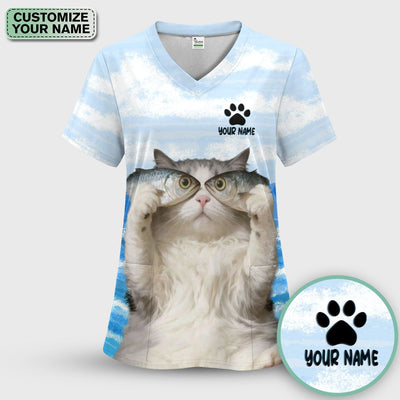 Personalized Cat Holding Fish Pattern Nurse Scrub Top, Comfortable Scrubs for Nurses