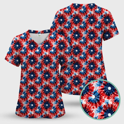 Festive Nurse Tie Dye Firework Burst Pattern Scrub Top, Breathable Fabrics Nursing Uniform