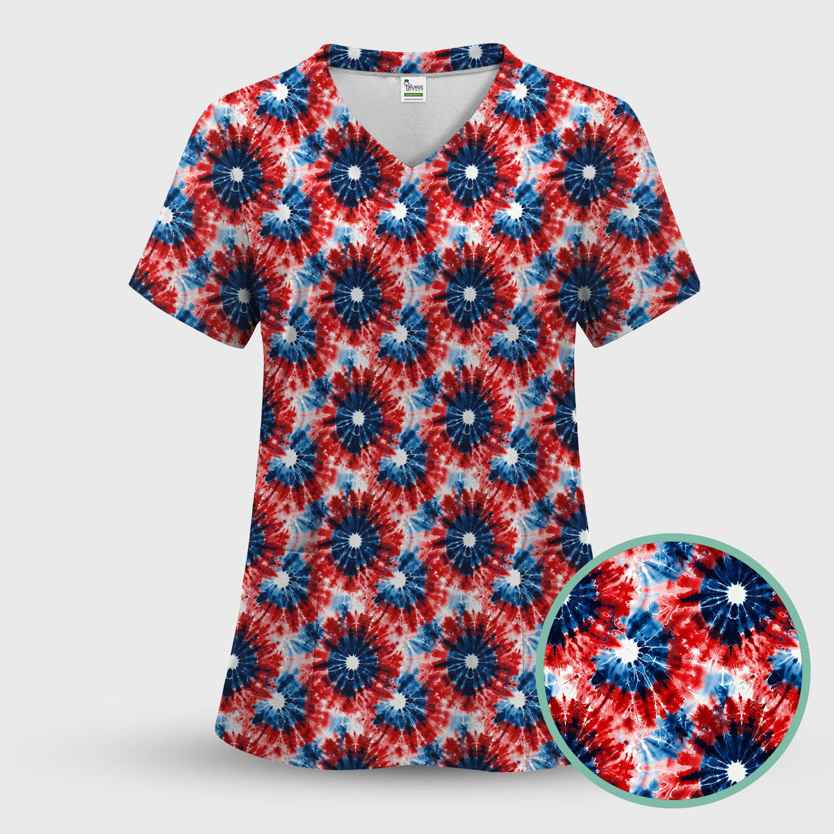 Festive Nurse Tie Dye Firework Burst Pattern Scrub Top, Breathable Fabrics Nursing Uniform