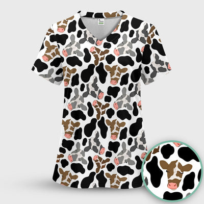 Cute Cow Face Black White Pattern Nurse Scrub Top, Comfortable Scrubs for Nurses