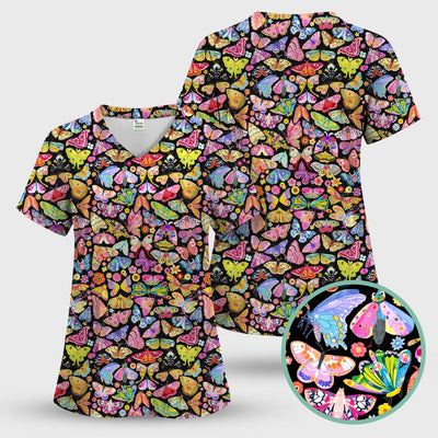 Cute Bright Butterfly Moth Floral Scrub Top, Comfortable Scrubs for Nurses