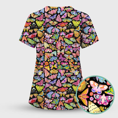 Cute Bright Butterfly Moth Floral Scrub Top, Comfortable Scrubs for Nurses