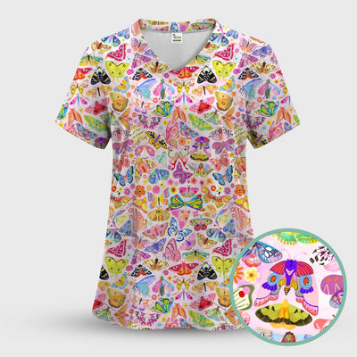 Cute Bright Butterfly Moth Floral Scrub Top, Comfortable Scrubs for Nurses