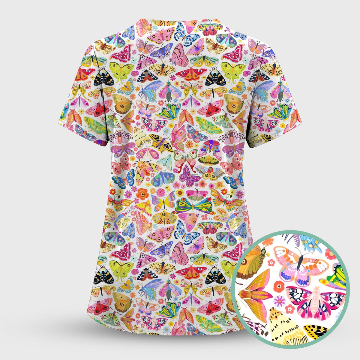 Cute Bright Butterfly Moth Floral Scrub Top, Comfortable Scrubs for Nurses