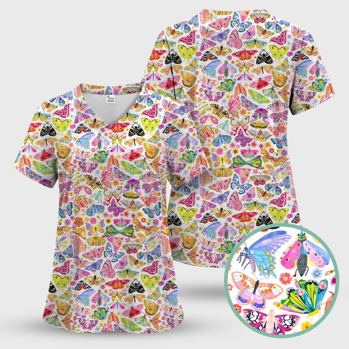 Cute Bright Butterfly Moth Floral Scrub Top, Comfortable Scrubs for Nurses
